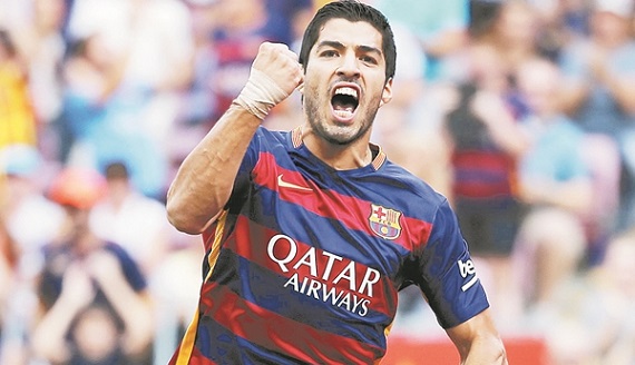 Barcelona's Suarez celebrates after scoring a goal against Las Palmas during their Spanish first division soccer match in Barcelona
