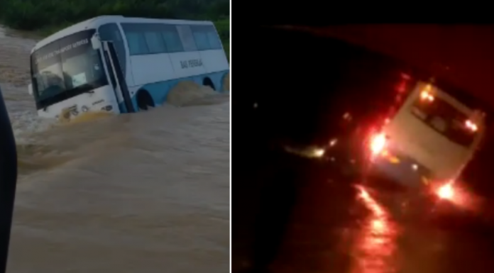 民都鲁2巴士过涨水路段 被水流冲走险象环生