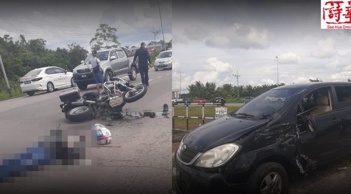 重型摩托车与轿车撞上 古晋华男重创丧命